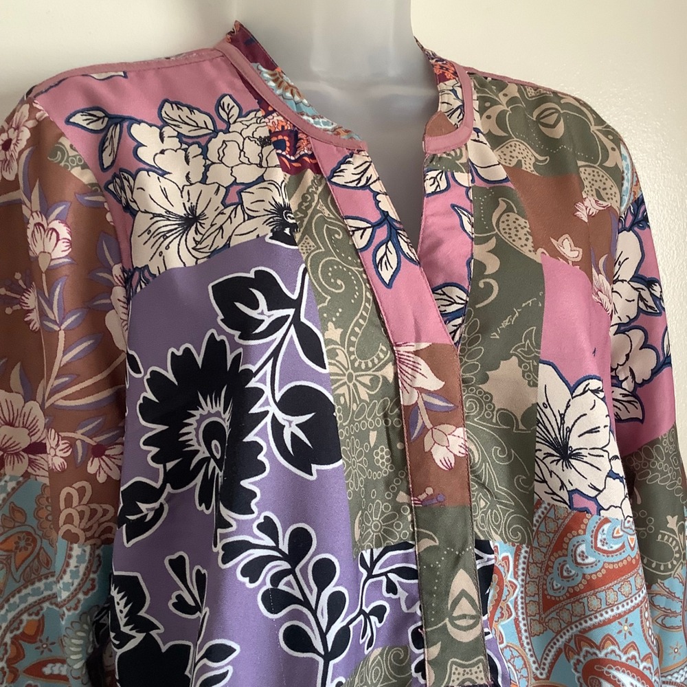 Soft Surroundings Patchwork Floral Paisley Tunic Top Purple Pink Women Large